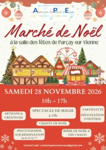 Affiche du marché de Noël organisé par l'APE à Parçay-sur-Vienne le samedi 28 novembre 2026, de 10 h à 17 h.